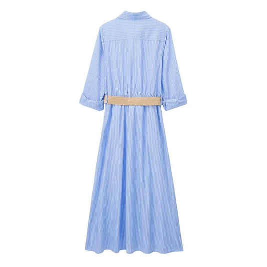 Celine Blue Striped Belted Shirt Dress